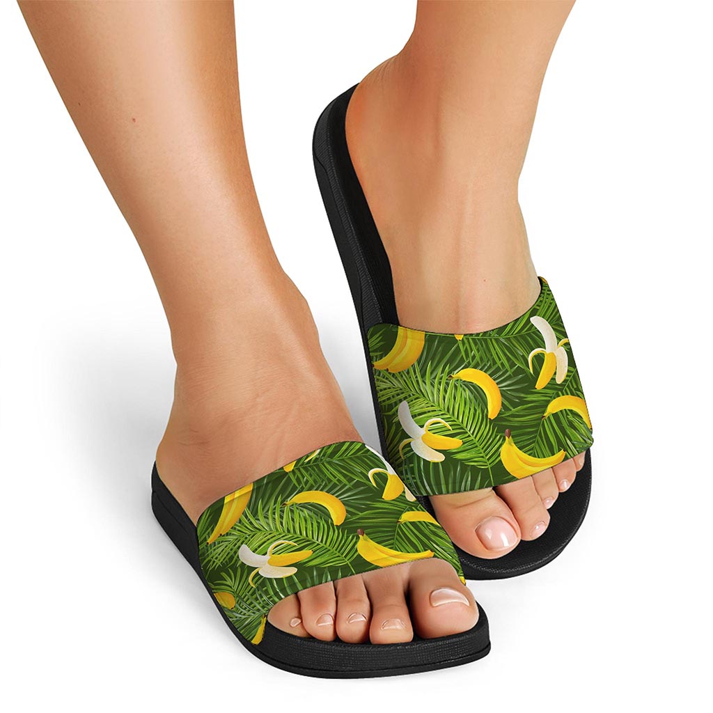 Green Tropical Banana Pattern Print Black Slide Sandals