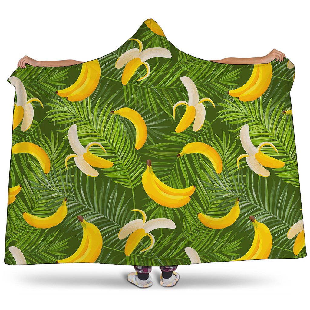 Green Tropical Banana Pattern Print Hooded Blanket