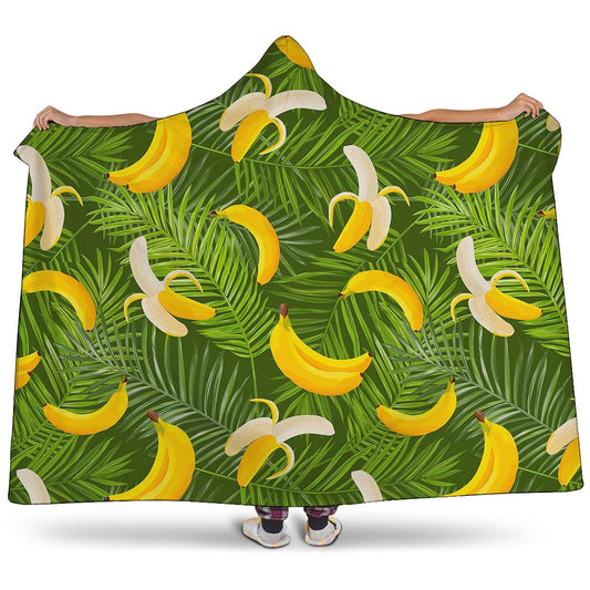Green Tropical Banana Pattern Print Hooded Blanket