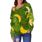 Green Tropical Banana Pattern Print Off Shoulder Sweatshirt GearFrost