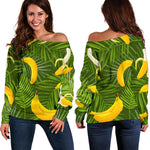 Green Tropical Banana Pattern Print Off Shoulder Sweatshirt GearFrost
