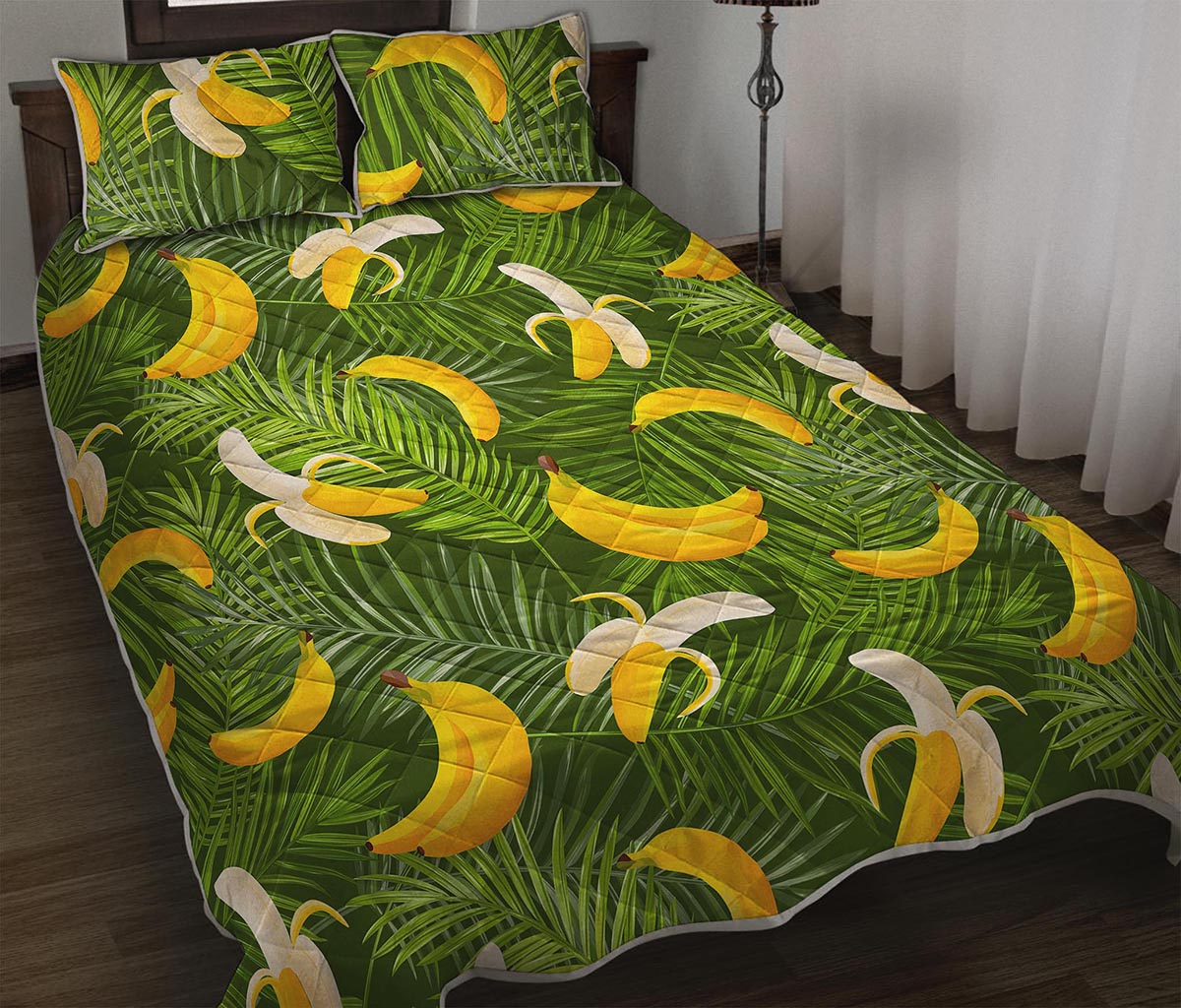 Green Tropical Banana Pattern Print Quilt Bed Set