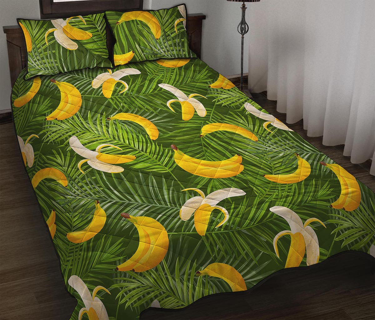 Green Tropical Banana Pattern Print Quilt Bed Set
