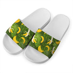 Green Tropical Banana Pattern Print White Slide Sandals