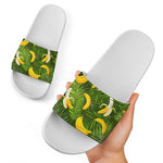 Green Tropical Banana Pattern Print White Slide Sandals