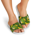 Green Tropical Banana Pattern Print White Slide Sandals