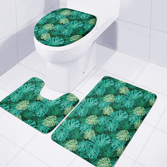 Green Tropical Monstera Pattern Print 3 Piece Bath Mat Set
