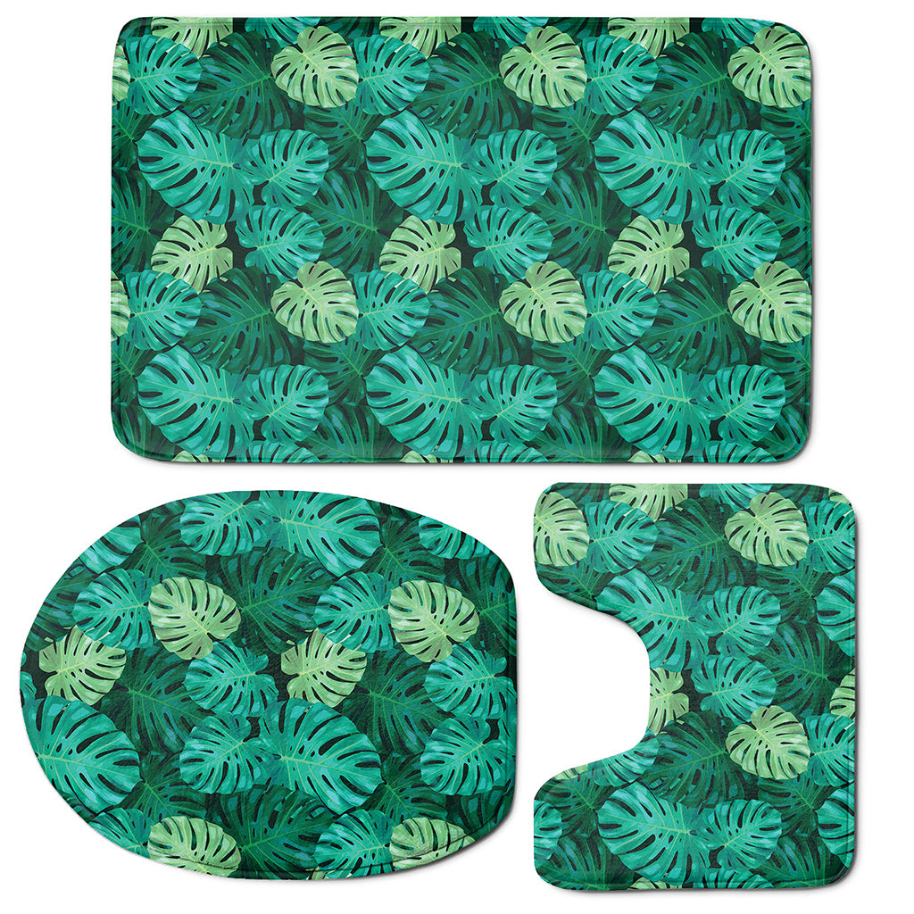 Green Tropical Monstera Pattern Print 3 Piece Bath Mat Set