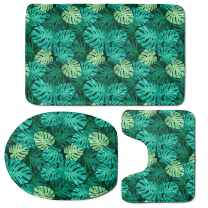 Green Tropical Monstera Pattern Print 3 Piece Bath Mat Set