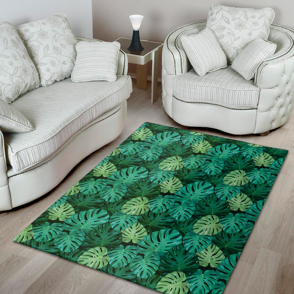 Green Tropical Monstera Pattern Print Area Rug