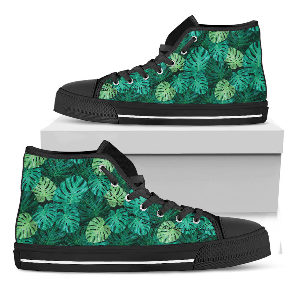 Green Tropical Monstera Pattern Print Black High Top Shoes