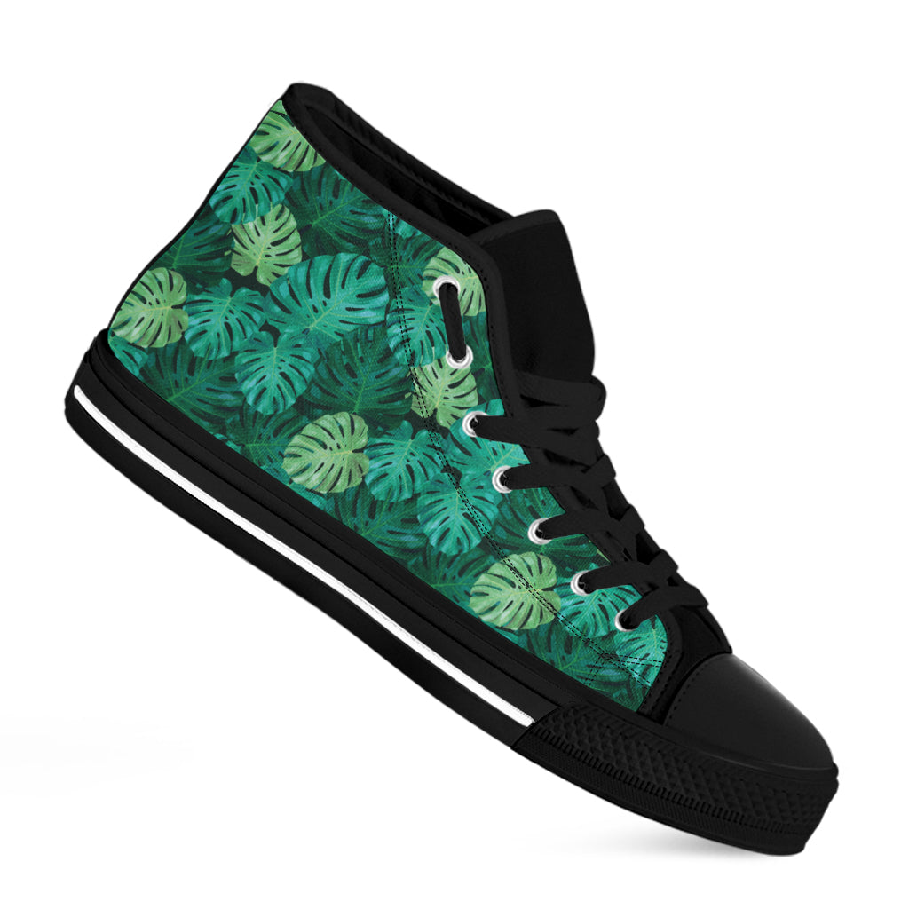 Green Tropical Monstera Pattern Print Black High Top Sneakers