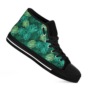 monstera shoes Green Tropical Monstera Pattern Print Black High Top Sneakers