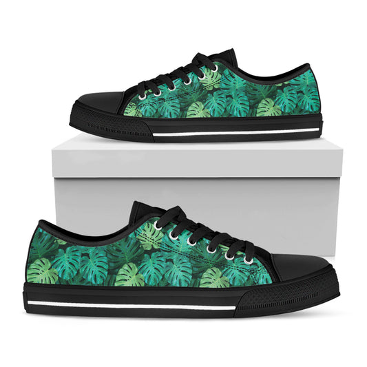 Green Tropical Monstera Pattern Print Black Low Top Shoes
