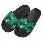 Green Tropical Monstera Pattern Print Black Slide Sandals