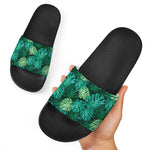 Green Tropical Monstera Pattern Print Black Slide Sandals