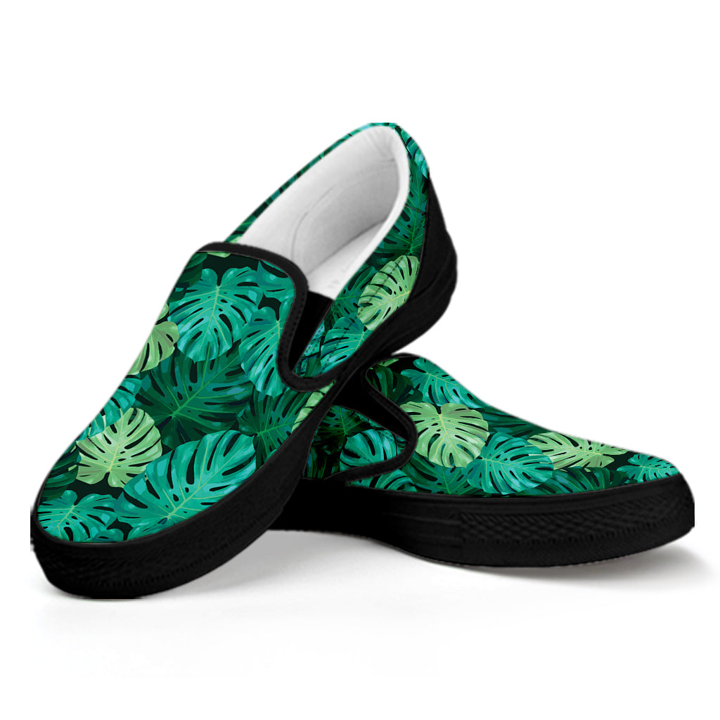 Green Tropical Monstera Pattern Print Black Slip On Shoes