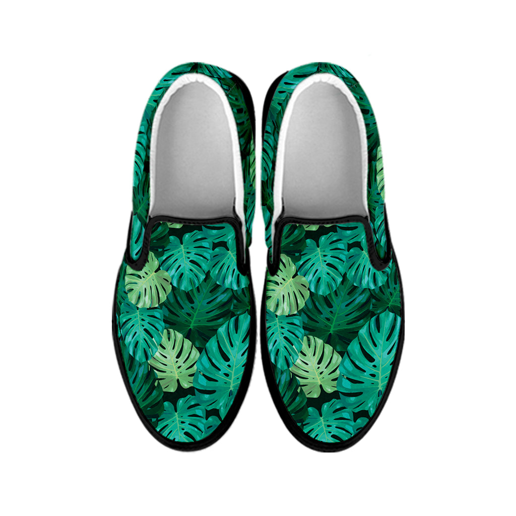 Green Tropical Monstera Pattern Print Black Slip On Shoes