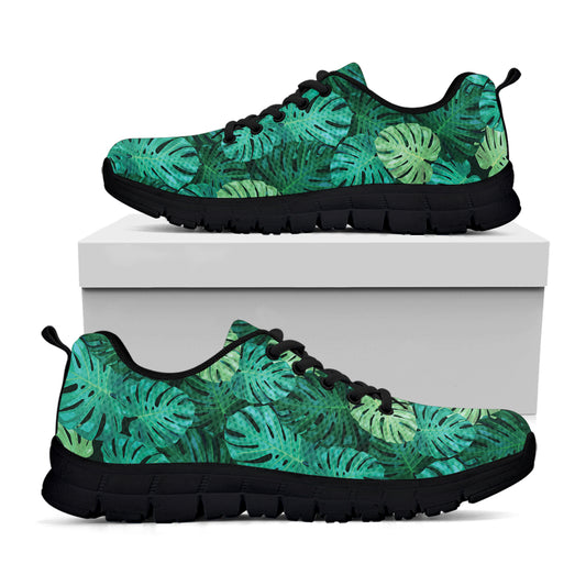Green Tropical Monstera Pattern Print Black Sneakers