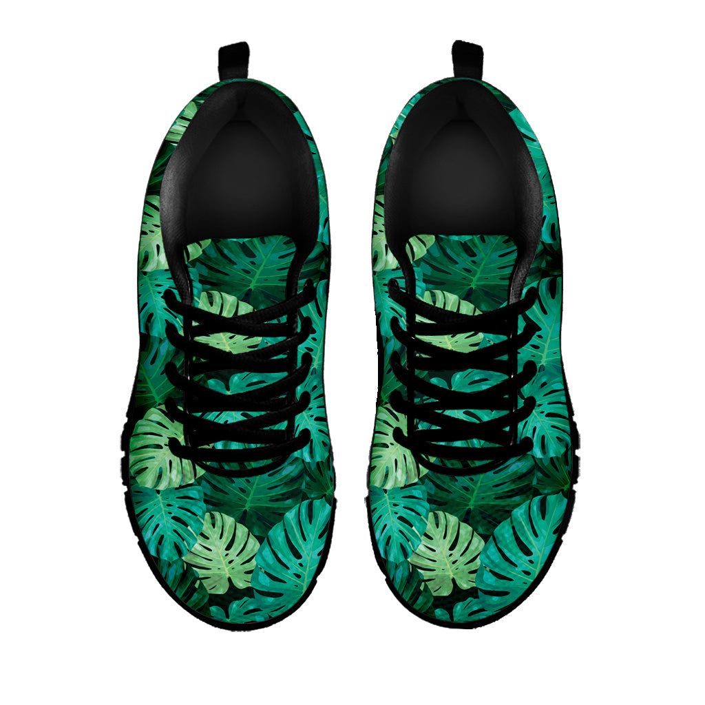 Green Tropical Monstera Pattern Print Black Sneakers