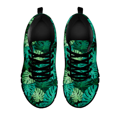 Green Tropical Monstera Pattern Print Black Sneakers