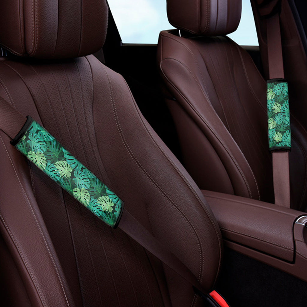 Green Tropical Monstera Pattern Print Car Seat Belt Covers