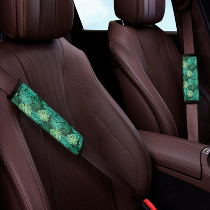 Green Tropical Monstera Pattern Print Car Seat Belt Covers