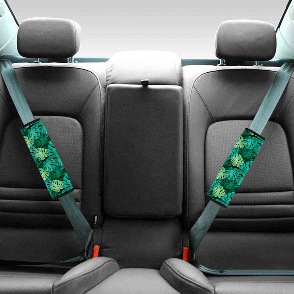 Green Tropical Monstera Pattern Print Car Seat Belt Covers