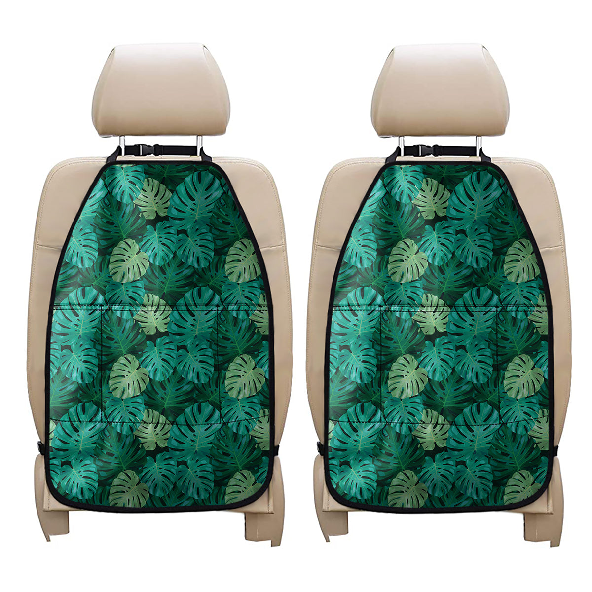 Green Tropical Monstera Pattern Print Car Seat Organizers