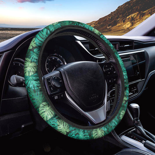 Green Tropical Monstera Pattern Print Car Steering Wheel Cover