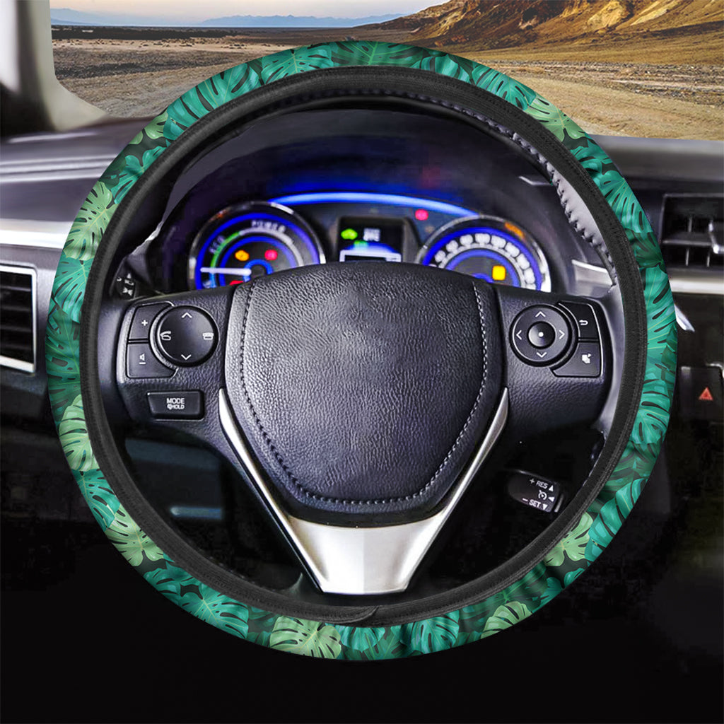 Green Tropical Monstera Pattern Print Car Steering Wheel Cover