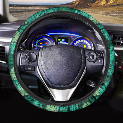 Green Tropical Monstera Pattern Print Car Steering Wheel Cover