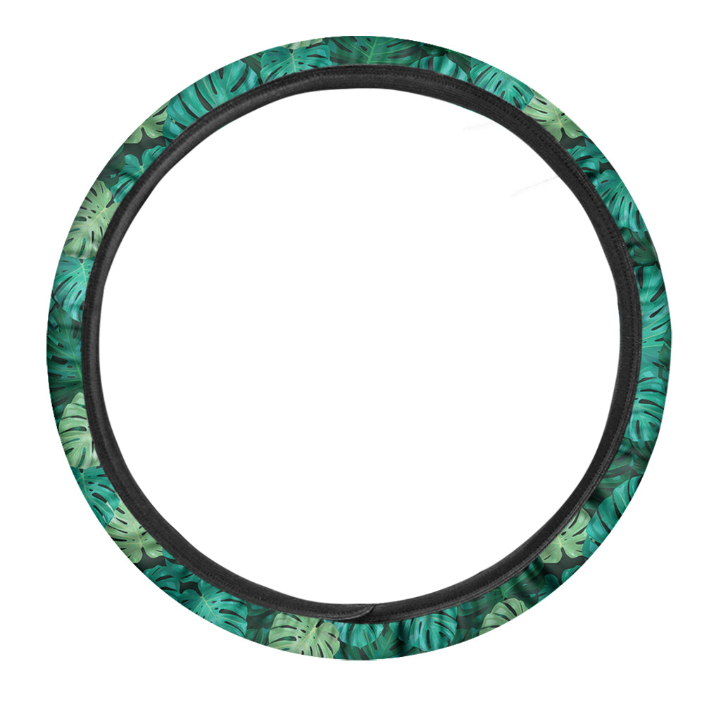 Green Tropical Monstera Pattern Print Car Steering Wheel Cover