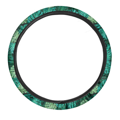 Green Tropical Monstera Pattern Print Car Steering Wheel Cover