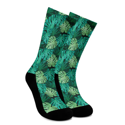 Green Tropical Monstera Pattern Print Crew Socks
