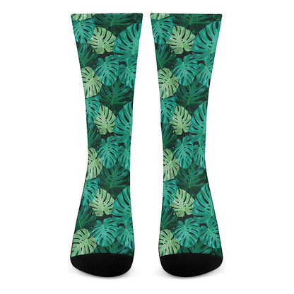 Green Tropical Monstera Pattern Print Crew Socks