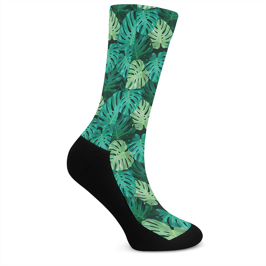 Green Tropical Monstera Pattern Print Crew Socks