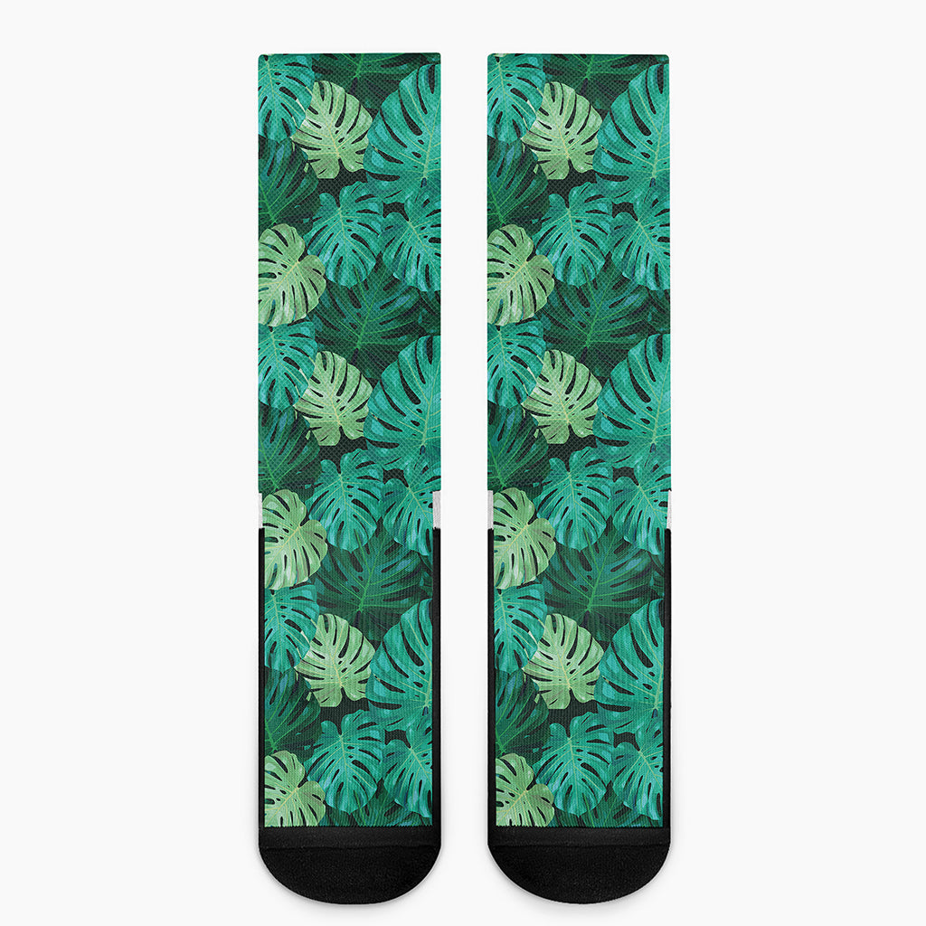 Green Tropical Monstera Pattern Print Crew Socks