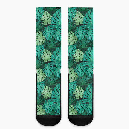 Green Tropical Monstera Pattern Print Crew Socks