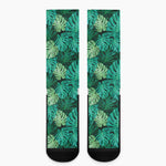 Green Tropical Monstera Pattern Print Crew Socks