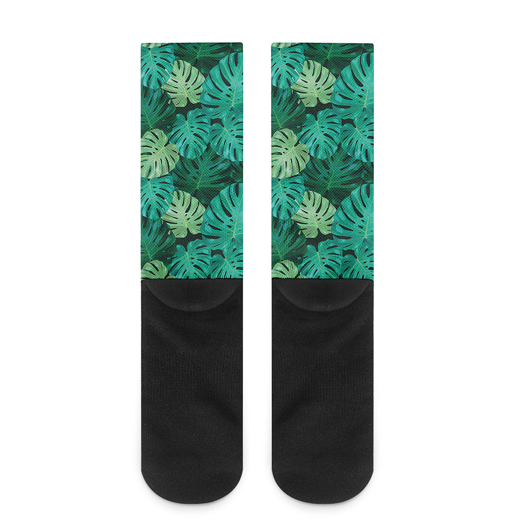 Green Tropical Monstera Pattern Print Crew Socks