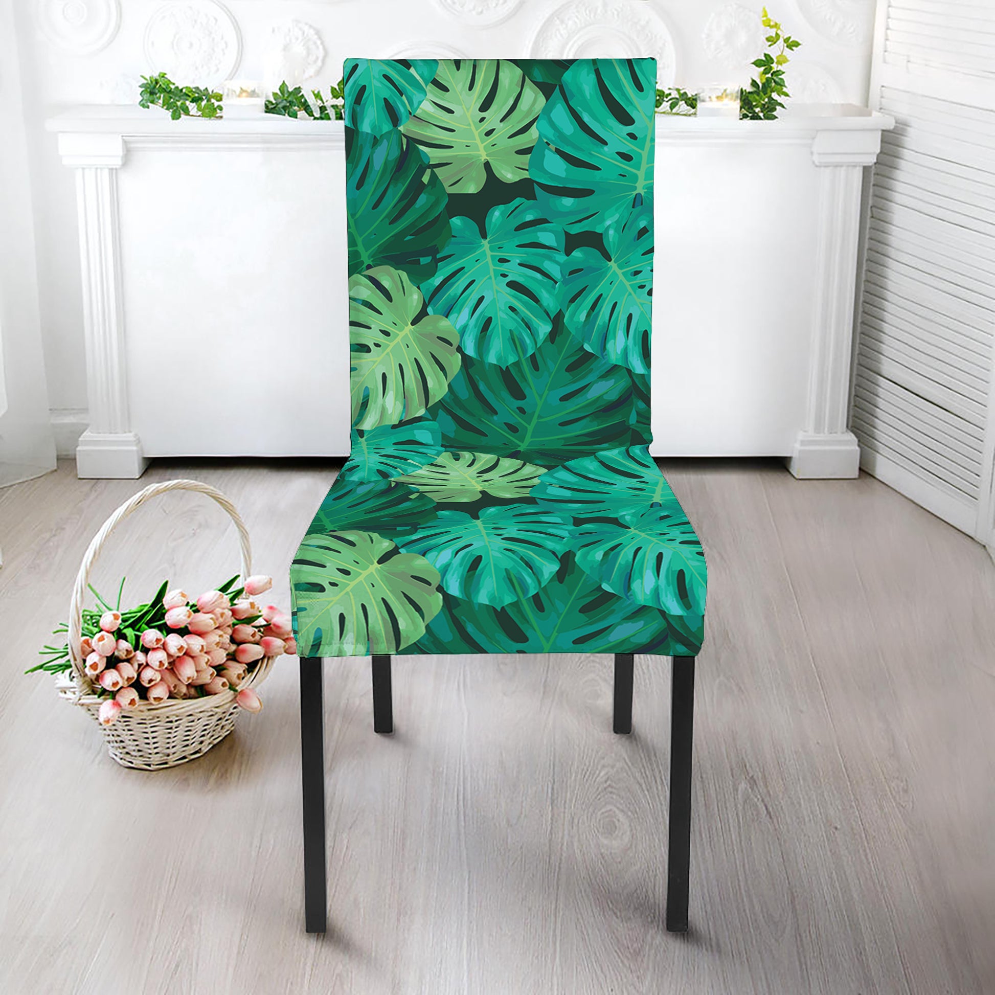 Green Tropical Monstera Pattern Print Dining Chair Slipcover