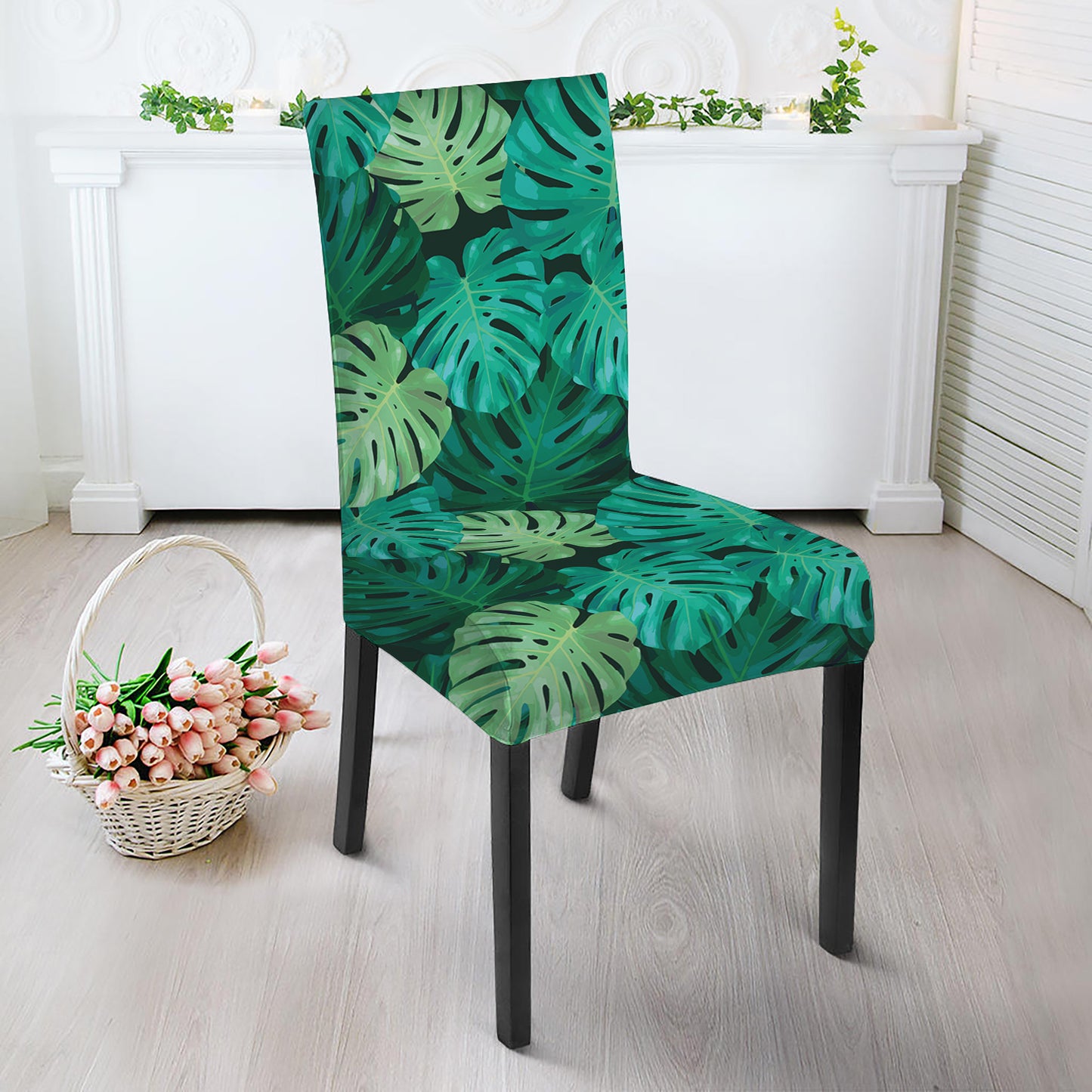 Green Tropical Monstera Pattern Print Dining Chair Slipcover