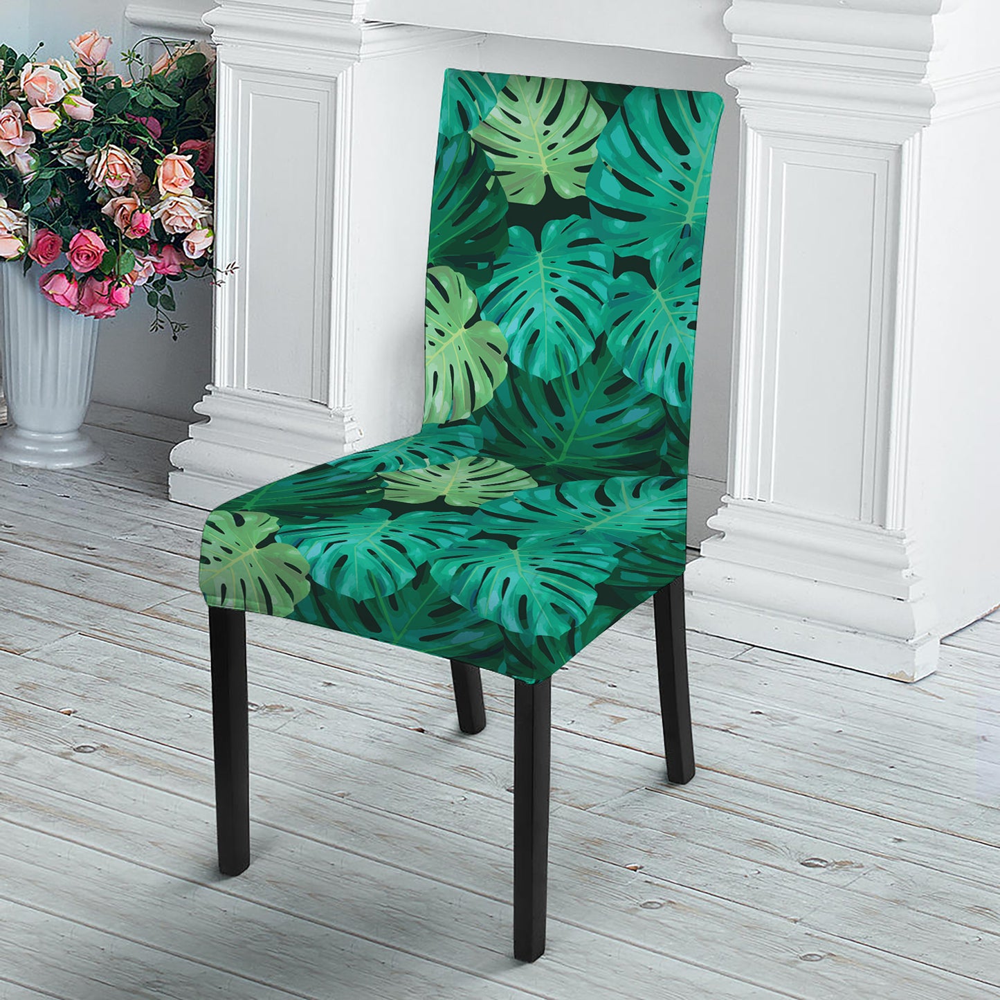 Green Tropical Monstera Pattern Print Dining Chair Slipcover