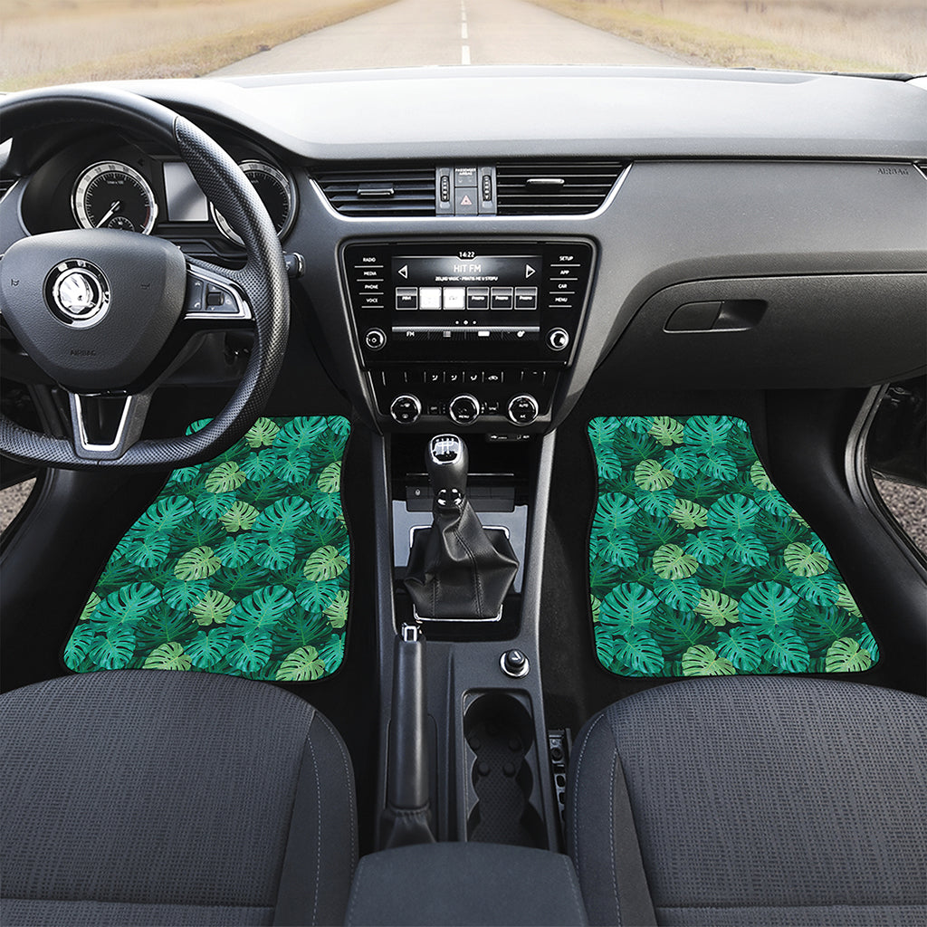 Green Tropical Monstera Pattern Print Front and Back Car Floor Mats