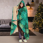 Green Tropical Monstera Pattern Print Hooded Blanket