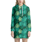 Green Tropical Monstera Pattern Print Hoodie Dress