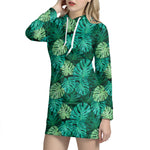 Green Tropical Monstera Pattern Print Hoodie Dress