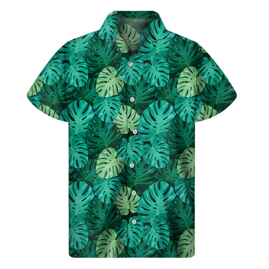 Green Tropical Monstera Pattern Print Men's Short Sleeve Shirt