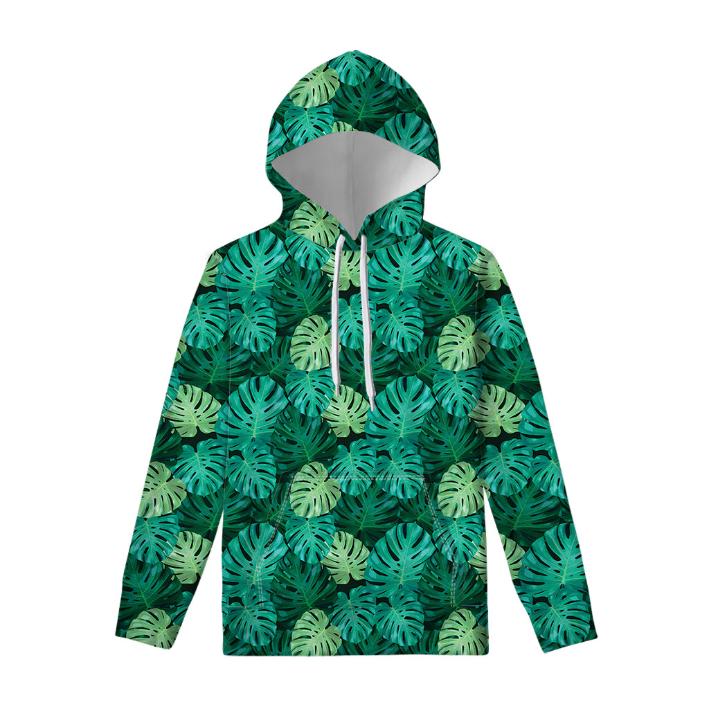 Green Tropical Monstera Pattern Print Pullover Hoodie